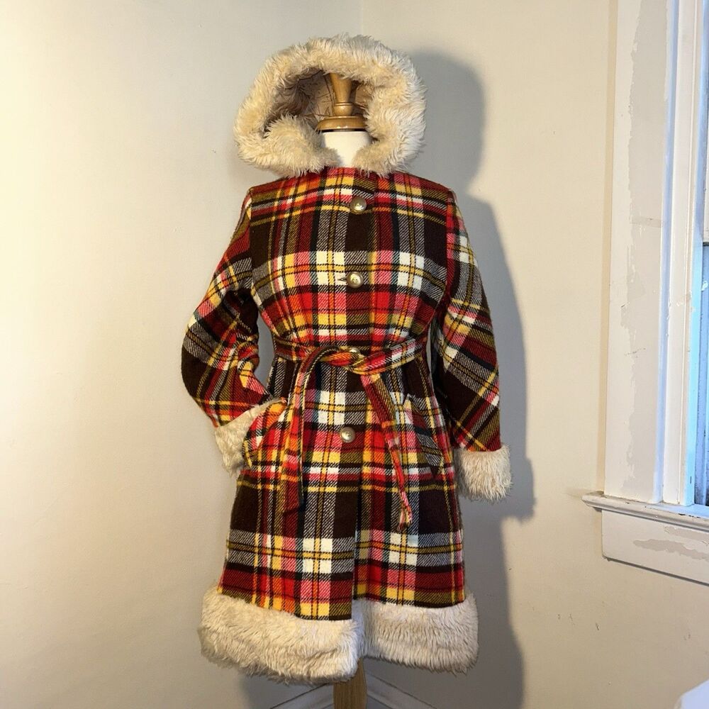 vintage 1970s Yellow & Orange plaid Jacket coat w/ faux fur trim JC Penny Lane